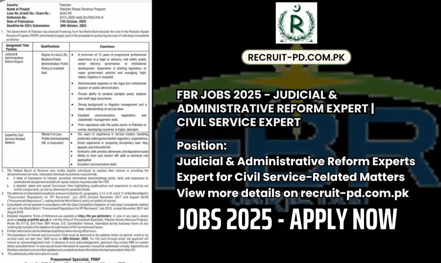 FBR Jobs 2025 - Judicial & Administrative Reform Expert | Civil Service Expert