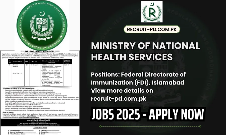 Director General Job Opportunity – Ministry of National Health Services